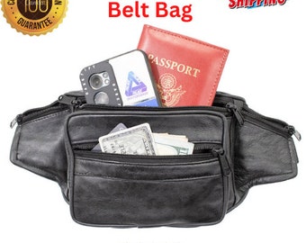 Black Pure Lambskin Leather Waist Fanny Pack,Crossbody Bag,Travel Belt Bag,Travel Pouch,Adjustable Strap,Handmade Zippered Bag,Gift Bag