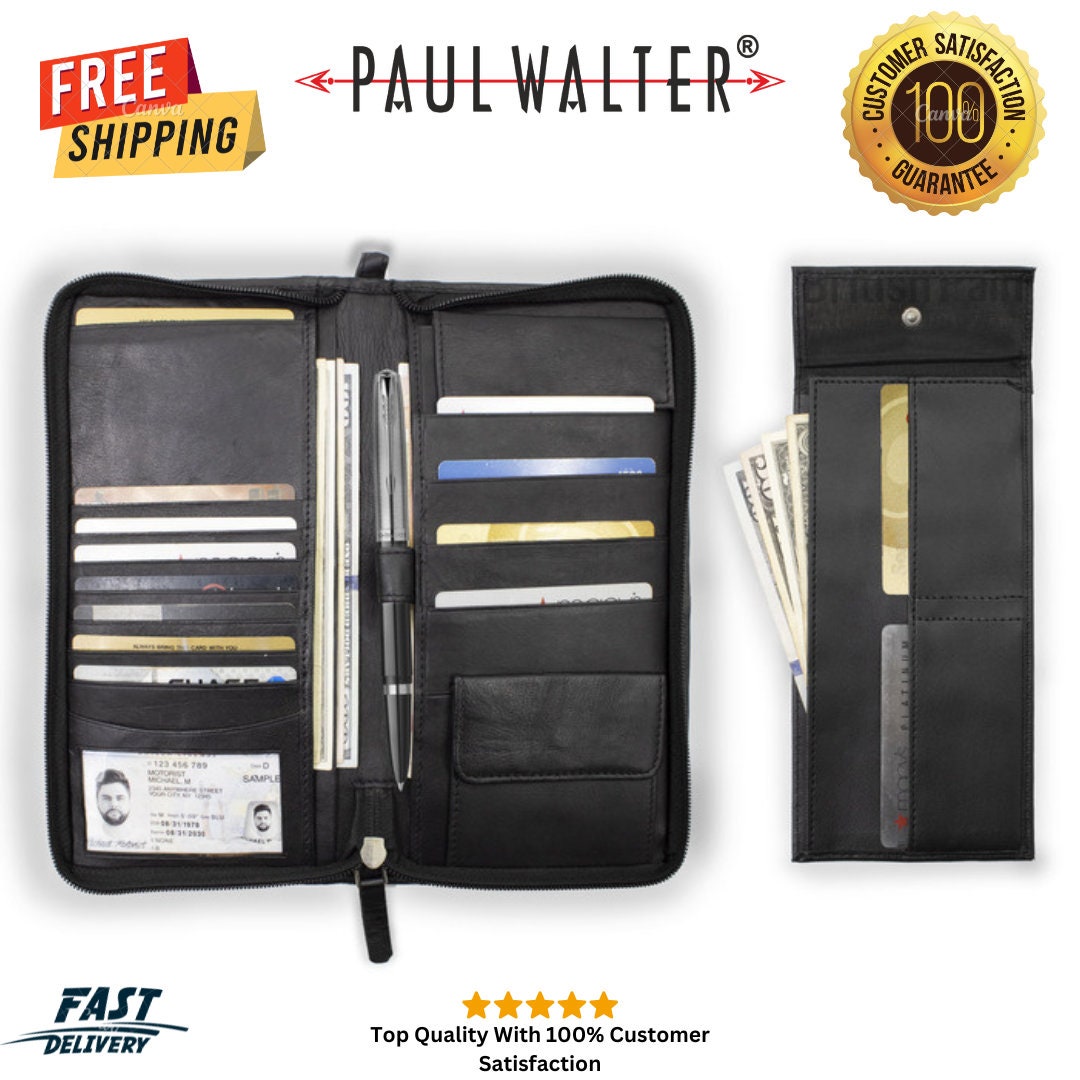 Cowhide Leather Checkbook Cover Credit Card Slots and Pen Holder Travel