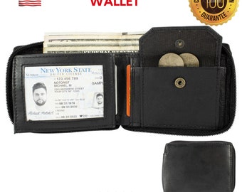 Bifold Lambskin Leather Men's Money Organizer ID Holder with Money Pocket Card Slots Zippered Closure Black Wallet Best Gift Accessories