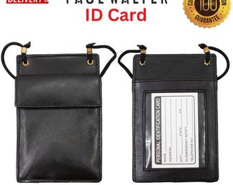 Black Genuine Leather ID Holder,ID Badge Holder,Card Name Pouch,Credit Card Holder,Snap Closure with Neck Strap Wallet Best Gift Option