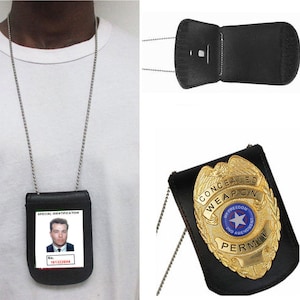 Black Leather Badge Holder with Chain Security Guard Officer ID Holder