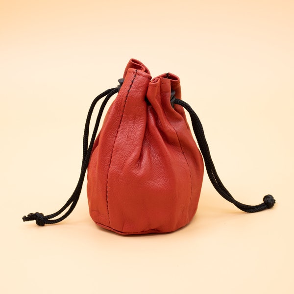 Red Drawstring Pouch Genuine Leather for Unisex