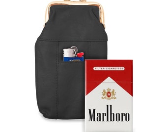 Handmade Cigarette Case with Lighter Pocket,Match Box Pocket,Black Color,Genuine Leather,Snap Closure,Men's/Women's