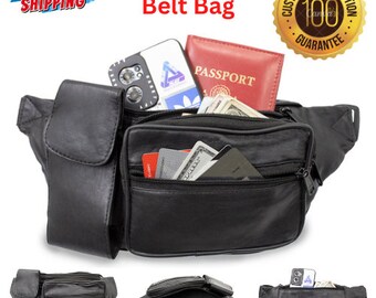 Lambskin Leather Waist Fanny Pack Travel Belt Bag Travel Pouch Crossbody Bag Black Multi Zippered Bag Adjustable Strap,Travel Belt Bag