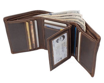 Men's Brown Trifold Wallet,ID Window,Card Holder Organizer,RFID Protected,Men's/Women's,Gift Option,Premium Cowhide Hunter Leather Wallet