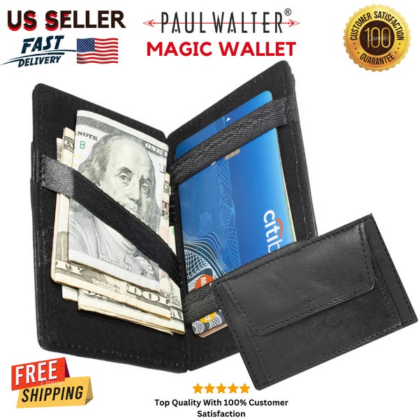 Men Magic Wallet Bifold Black Handmade Wallet Genuine Leather ID Holder,Multiple Card Slot Secret Wallet Men Best Gift Option for Him/Her