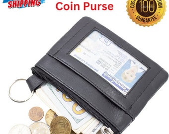 Black Genuine Leather Coin Purse attach Key Ring ID Holder,Key Pouch,Mini Women Wallet,ID Window,Zippered Pocket,Women Small Gift