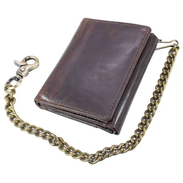 Mens Vintage Hunter Antique Leather Biker, Motorcycle, Truck Chain Wallet with RFID Blocking