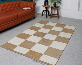 Alfombra de yute tejida a mano con diseño de tablero de ajedrez / Alfombra grande a cuadros / Alfombra bohemia / Alfombra neutra para la entrada / Regalo de decoración estética para el hogar