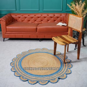 Indian Hand Braided Natural Jute Round Rug With Blue Border Scalloped Yoga Mat Bohemian Rug Doormat Turkish Rug Living Room Rug Vintage Rug