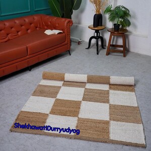 Handloomed Check Pattern Hemp Jute Area Rug, Rug Handmade, Natural Jute Rug, Boho Decor Rug, Handwoven Jute Rug, Custom Rug, Decorative Rug