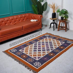 Handwoven Wool Jute Kilim Rug Authentic Indian Vintage Oushak Rugs Traditional Kilim Rug