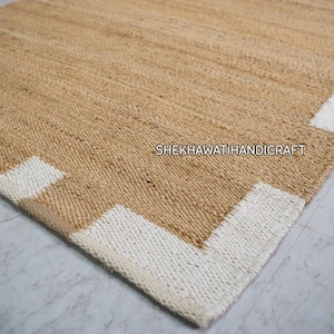 Indian Hand loomed Natural Jute Hemp Rug/Runner With White Stripes Hemp For Stair Decor Tufted Hemp, Custom Size Hemp Rug