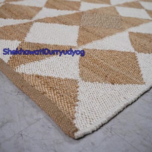 White/ Beige Diamond Jute Rug, Indian Handmade Natural Scandinavian Rug Eco Friendly Flatweave Hemp Jute Rug Large Area Jute Rug Custom Rug