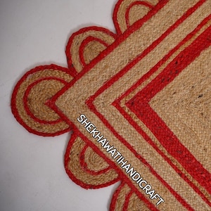 Scalloped Jute Rug, Off Red Scallop Edge Rug, Boho Jute Rug, Custom Size Rug, Jute Area Rug, Bohemian Jute Rug, Jute Runner Rug