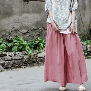 Palazzo Linen Pants Elastic Waist Flowy Trousers Wide Leg Long Linen Pants Summer Linen Culottes Pants Customized Plus Size Pant Spring Pant