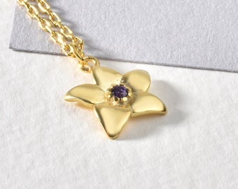 Iris Flower Amethyst Gemstone Necklace, February Birth Flower Gift, Dainty Flower Pendant, Wife Birth Month Necklet, Birthday Gift For Her