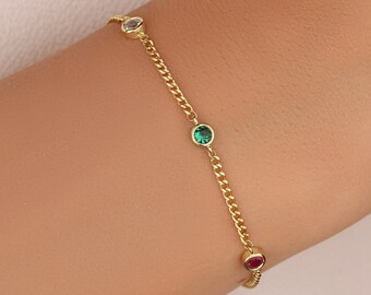 Curb Chain Bracelet with Family Birthstone, 14K Gold Cuban Link Dainty Bracelet with Birth Stone, Personalized Bracelet