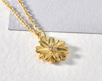 CZ Diamond Daisy Flower Gemstone Necklace, April Birth Flower Gift, Dainty Flower Pendant, Wife Birth Month Necklet, Birthstone Gift For Her