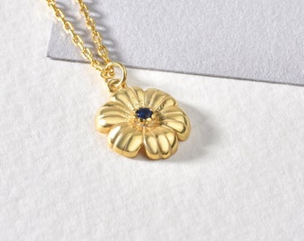 Sapphire Aster Flower Gemstone Necklace, September Birth Flower Gift, Dainty Flower Pendant, Wife Birth Month Necklet, Birthstone Wife Gift