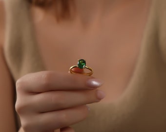 Smaragd Edelstein Ring aus 14K Gold, Oval Schliff Ring, Grüner Diamant Verlobungsring, Mai Birthstone Ring, Solitär Ring für Frauen, Geschenk für Sie