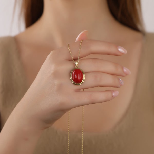 Red Coral Dainty Necklace 14K Gold, Red Oval Cut Natural Gemstone Necklace for Her, Handmade Oval Cut Womens Necklace, Gift for Mothers