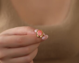14K Gold Rosa Koralle Edelstein Ohrringe, Ohrstecker, Minimalistischer zierlicher Schmuck für Frauen, Oval Edelstein Ohrringe, Geschenk für sie