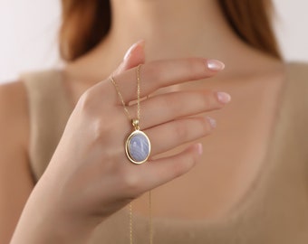 Oval Blue Lace Agate Gemstone Necklace in 14k Gold, 925 Silver Necklace for Her, Natural Stone Necklace, Dainty Jewelry for Women