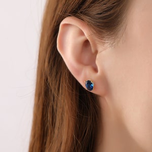 14K Gold Oval Cut Blue Sapphire Earrings, Stud Earrings, Birthstone Earrings, Solitaire Earrings for Her, Minimalist Dainty Earrings image 2