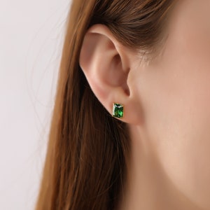 14K Gold Radiant Cut Green Emerald Earrings for Women, Solitaire Bridal Earrings, Dainty Jewelry for Her, May Birthstone Gift for Her image 2