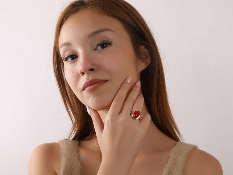 Red Coral Ring, 14K Solid Gold Natural Gemstone Ring, Minimalist