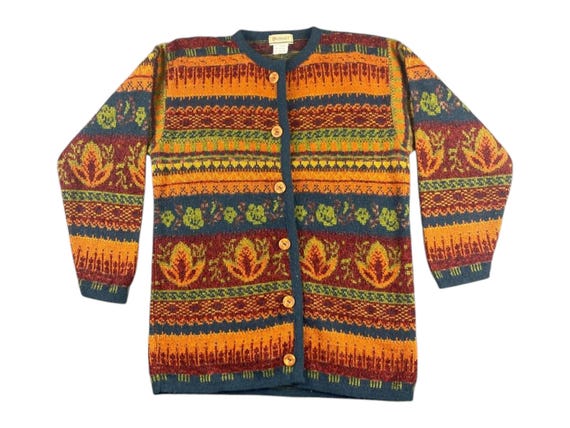 Vintage Damart Wool Knit Cardigan, Retro Nordic Fair Isle Pattern Sweater, Boho Fall Outerwear, Cozy Winter Jumper