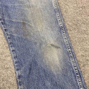 May include: Close-up of light blue denim jeans with a distressed appearance. The jeans show signs of wear, including a small tear and discoloration. The stitching is visible along the seams.
