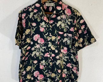 Camisa floral vintage Paul Stuart | Camisa de algodão dos anos 90 com botões, fabricada nos EUA