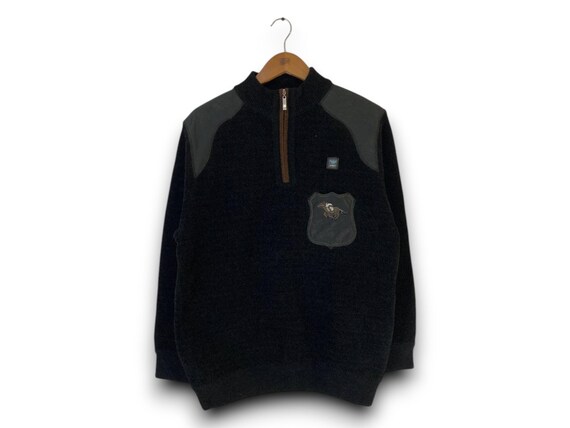 Armani Collezioni, Vintage Giorgio Armani Le Collezioni Quarter Zip Fleece Pullover Jacket Black Designer Equestrian Patch Mock Neck Sweater Size 50 Medium