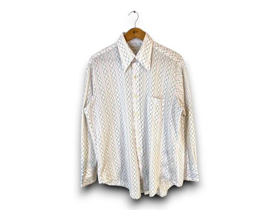 JCPenney, Vintage 70s Towncraft JCPenney Penn Prest Disco Shirt / White Pink Geometric Chain Link Dagger Collar Long Sleeve Button Down