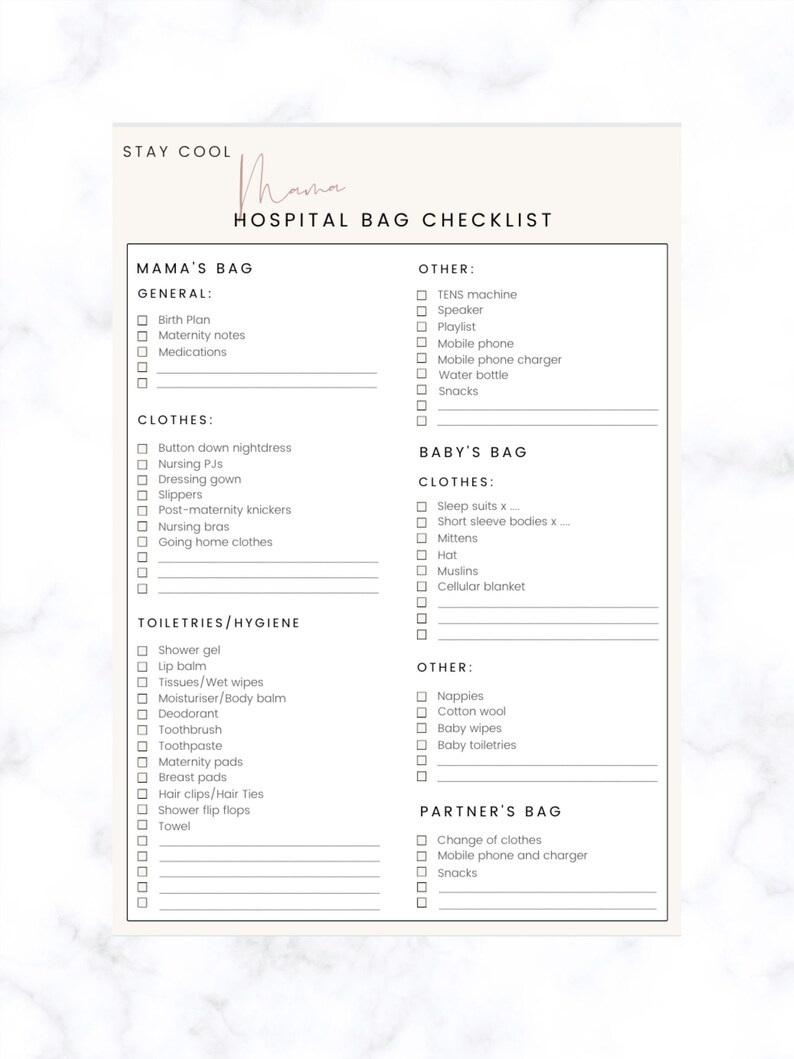 UK NHS Birth Plan & Hospital Bag Checklist Neutral Etsy