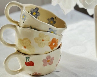 Tasse à fleurs pressées, tasse à café bohème fleurs sauvages cottagecore, tasse en céramique, tasse nature florale pastel, cadeau