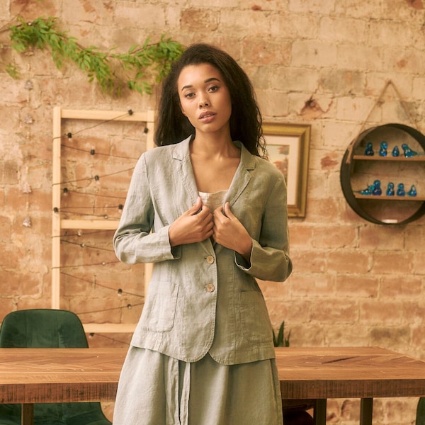 Veste en lin verte coupe slim à la taille avec poches, blazer en lin vert menthe boutonné à manches longues en sauge