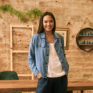Blue snaps button linen jacket, Denim blue linen jacket with pockets, Button front blue linen jacket blazer REBELLIOUS in Denim