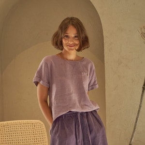 Crew neck short sleeves purple linen top blouse,  Buttoned back lilac purple linen shirt top, Front pocket linen top INSPIRATION in Lavender
