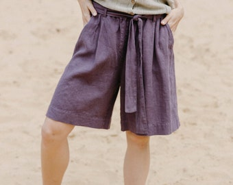 Purple Bermuda linen shorts with pockets, Elastic waist violet shorts with belt, Pleated linen shorts GAME in Violet purple