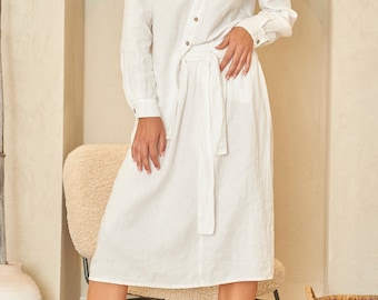 White linen circle skirt with pockets, Elastic waist white linen midi skirt with belt FLOW in Pure White