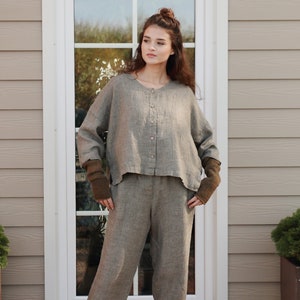 Grey mélange heavy linen jacket with buttons closure, Collarless boxy linen jacket, Cropped heavy linen blazer IMPRESSION in Sage mélange