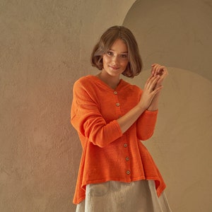 Hooded orange linen knit cardigan, Longer sides handknitted linen cardigan, Longer edges linen cardigan with hood ENTHUSIASM in Orange