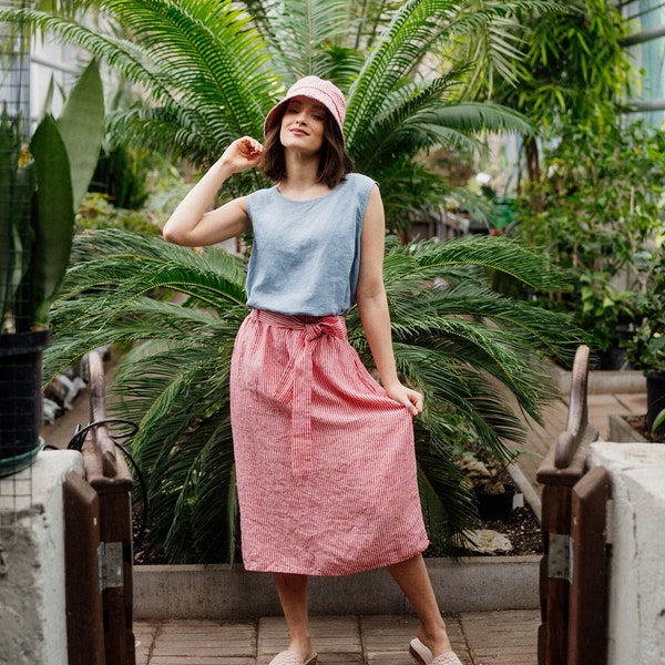 Elastic waist red stripe linen circle skirt with pockets, Red white linen midi skirt with belt FLOW in Red stripe