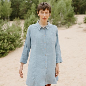 Long blue linen shirt, Button front blue linen shirt with pockets, Light blue linen tunic shirt ENERGY in Steel Blue