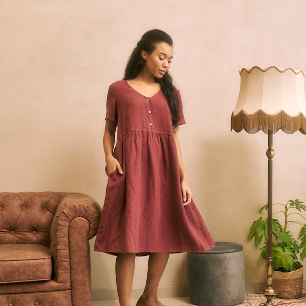 Women's buttons front linen flared dress with short sleeves AURA in Redwood