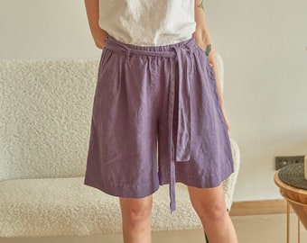 Violet linen Bermuda short with pockets, Elastic waist purple Bermuda shorts with belt GAME in Violet