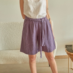 Violet linen Bermuda short with pockets, Elastic waist purple Bermuda shorts with belt GAME in Violet